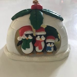 Vintage 1995 Westmar Penguin Family in igloo Christmas ornament with Holly Berry